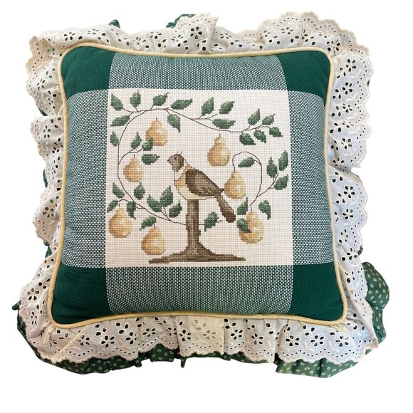 Vintage Needlepoint Pillow Partridge in a Pear Tree Cross Stitch Throw Cushion - Picture 1 of 7